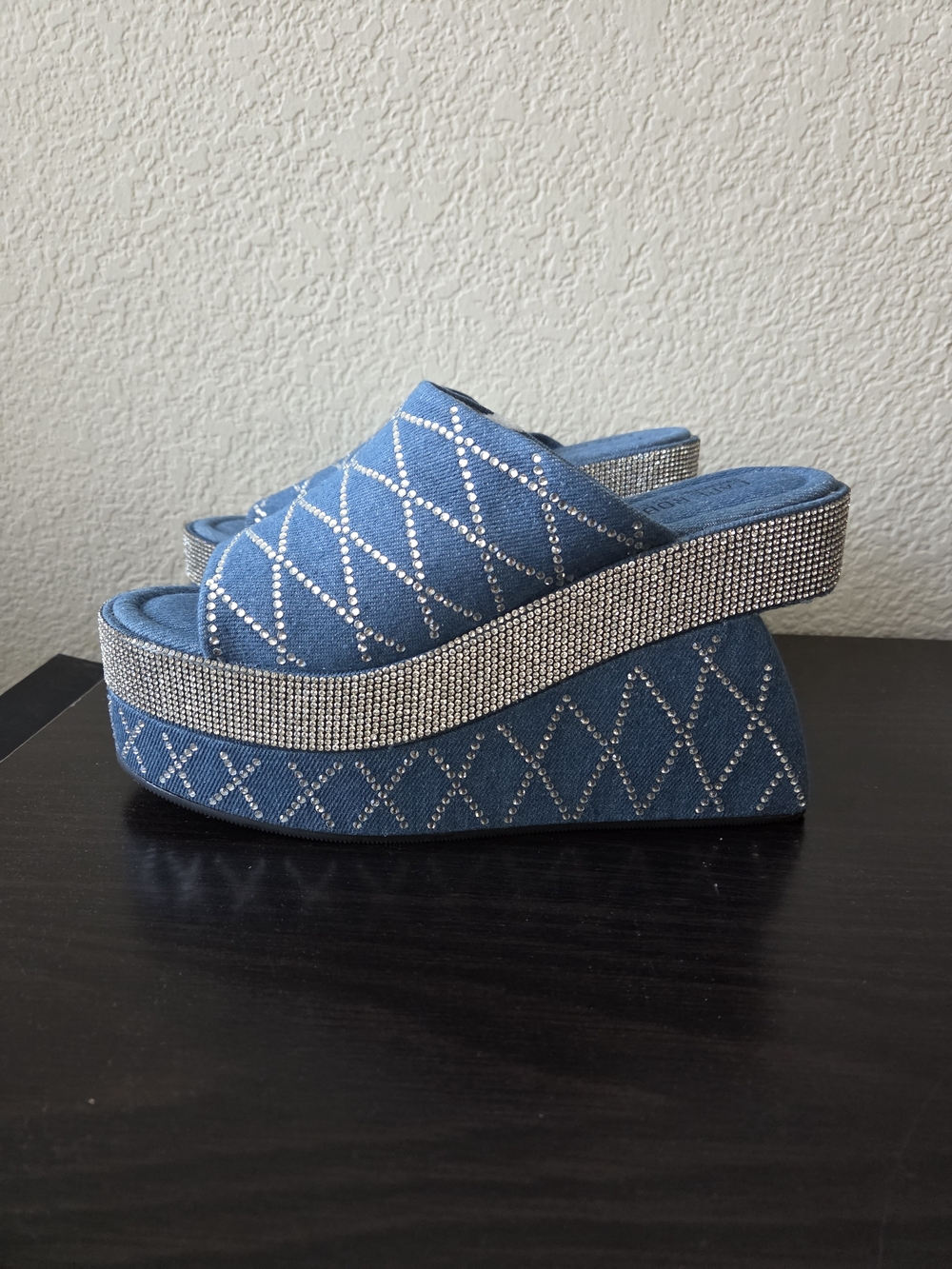 Cape Robbin Denim Rhinestone Platform Slide - Blue - Picture 2 of 7